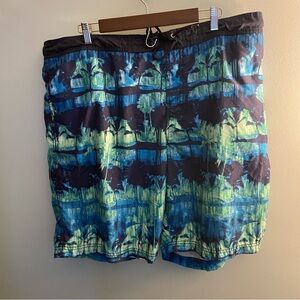 Hawaiian Print Swim Trunks Men’s XXL – Blue/Green Tropical Palm Tree